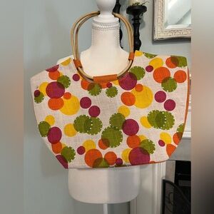 Relativity Multicolor Polka Dot Beach Summer Tote Bag With Wood Handles